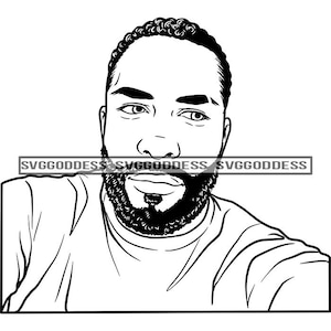 May include: Black and white line art portrait of a person with a beard and short curly hair. The image includes the text "SVGGODDESS" across the center. The person is wearing a t-shirt.