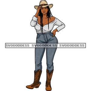 Afro Woman Cowgirl Wearing Hat Cowboy Boots Western Ranch Melanin Black Girl Magic SVG JPG PNG Vector Clipart Cricut Silhouette Cut Cutting