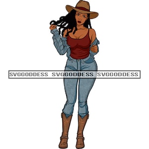 Afro Woman Cowgirl Wearing Hat Cowboy Boots Western Ranch Melanin Black Girl Magic SVG JPG PNG Vector Clipart Cricut Silhouette Cut Cutting