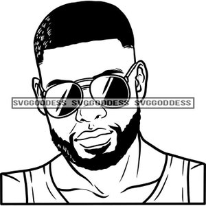Afro Bearded Black Man Hight Top Sunglasses Manly Mustache Short Beard Masculine B/W SVG JPG PNG Vector Clipart Cricut Silhouette Cutting