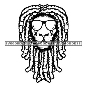 May include: Black and white line art illustration of a lion with dreadlocks and sunglasses.