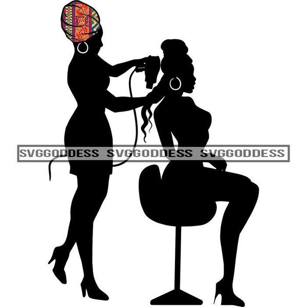 Afro Women Black Silhouette Hair Dresser Beauty Salon Colorful Turban Hairstylist SVG JPG PNG Designs Clipart Cricut Silhouette Cut Cutting