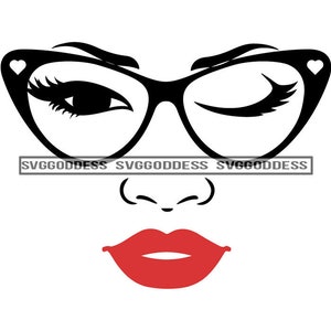 Frau Gesicht mit Brille Make Up rote Lippen Augenzwinkern Augen geschlossen Augenbraue angehoben SVG JPG PNG Vektor Clipart Cricut Silhouette Cut Cutting