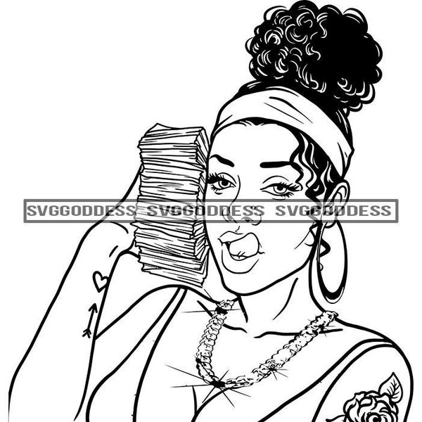 Afro Woman Holding Stacks Of Money Maker Tattoo Necklace Headband Up Do Hairstyle B/W SVG JPG PNG Vector Clipart Cricut Silhouette Cutting