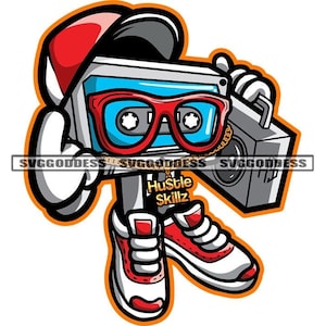 Hip Hop Boombox Bril Retro Radio Muziek Rap Old School Stereo Rode Baseball Hat SVG JPG PNG Vector Ontwerpen Cricut Silhouette Cut Cutting