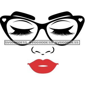 Frau Gesicht mit Brille Make Up rote Lippen lange Wimpern Augen geschlossen Augenbraue SVG JPG PNG Vektor Clipart Cricut Silhouette Cut Cutting