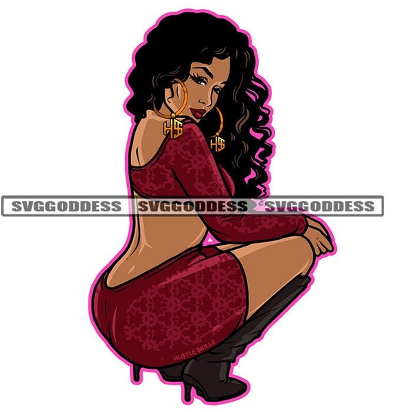 Sexy Afro Woman Squatting Wearing Red Outfit Curly Hair Exotic Dancer Diva Modeling SVG JPG PNG Vector Clipart Cricut Silhouette Cutting