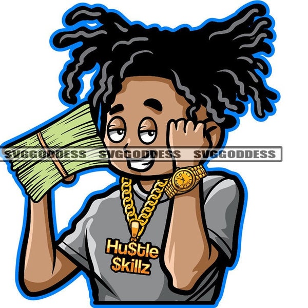 Afro Man Holding Money Gangster Hustler Mobster Gold Chain Rings Watch Jewelry Locks SVG JPG PNG Vector Clipart Cricut Silhouette Cutting