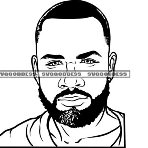 May include: Black and white line art illustration of a man with a beard and short hair. The man is looking to the side with a serious expression.