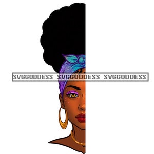 May include: A digital illustration of a woman with dark brown skin, black hair, and a purple and blue bandana. She is wearing gold hoop earrings and a gold necklace. Her eyes are closed and she is smiling.
