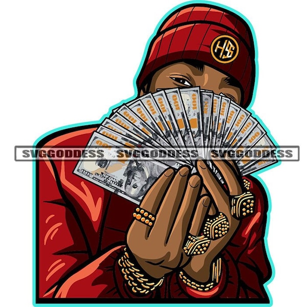 Afro Man Holding Money Fanning Gangster Mobster Beanie Jacket Gold Rings Watch Jewelry SVG JPG PNG Vector Clipart Cricut Silhouette Cutting