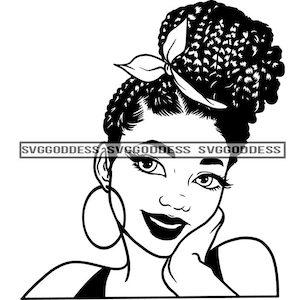 Afro Woman Bun Dreadlocks Hairstyle Nubian Melanin Popping Pretty Black Girl Magic BW SVG JPG PNG Vector Clipart Cricut Silhouette Cutting