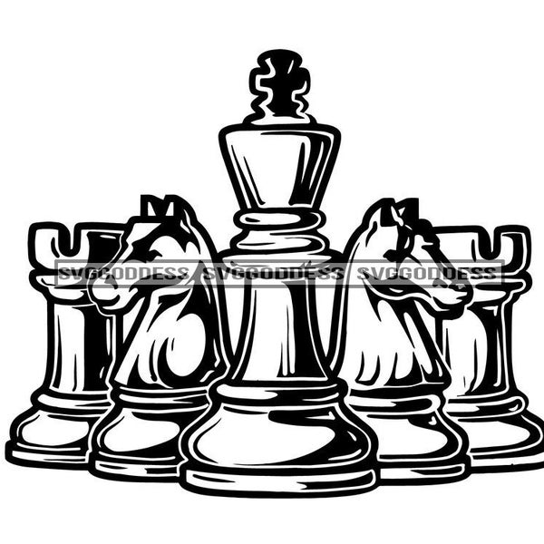 Ajedrez Juego de mesa Estrategia Rey Reina Jugar Competición Tablero de ajedrez Mover Plan Aislado B/W SVG JPG PNG Clipart Cricut Silueta Corte Corte