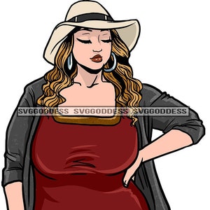 White Woman Beautiful Plus Size Curvy Bodacious Big Breast Hat  Long Wavy Hairstyle SVG JPG PNG Eps Vector Clipart Cricut Silhouette Cutting