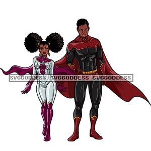 Afro Paar Mann Frau Superheld Cartoon Charakter Starker Körper Anzug Göttin Kostüm Cape Stiefel JPG PNG Design Cricut Silhouette Cut Cutting
