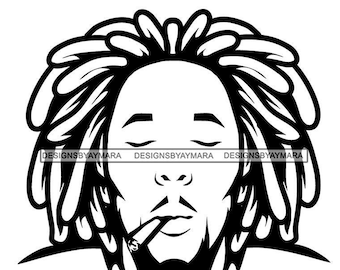 Afro Uomo Dreadlocks Acconciatura Fumo Logo Ottenere Alto Cigarette Pot Erba Organico B / N SVG JPG PNG Vettoriale Clipart Cricut Silhouette Taglio