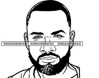 Black Man Goatee Unshaved Portrait Handsome Manly Mustache Beard Masculine Cool B/W SVG JPG PNG Vector Clipart Cricut Silhouette Cutting