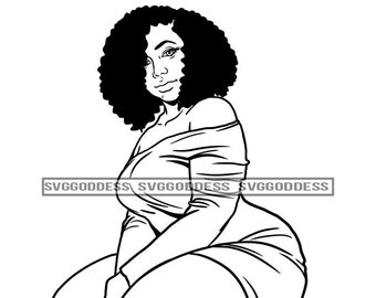 Afro donna bella taglie forti seno curvy corposo vestito sexy acconciatura riccia B/W SVG JPG PNG Vector Clipart Cricut sagoma taglio