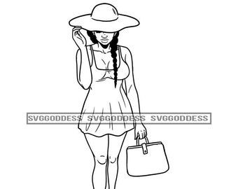 Afro Donna Modella che indossa sexy Outfit Vestito Cappello Borsa Outfit Treccia Acconciatura B /N SVG JPG PNG Vettoriale Clipart Cricut Silhouette Taglio