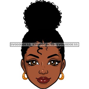 Afro Woman  Face Only Portrait Bamboo Hoop Earrings Nubian Lipstick Puffy Bun Up Do Hairstyle JPG PNG Designs Cricut Silhouette Cutting
