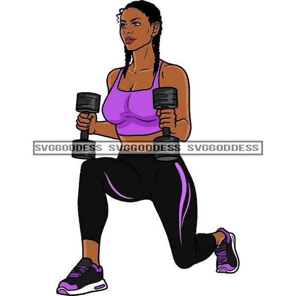 Afro Woman Working Out Athletic Training Exercise Lifting Weight Dumbbells  Braids Hairstyle JPG PNG Designs Cricut Silhouette Cut Cutting