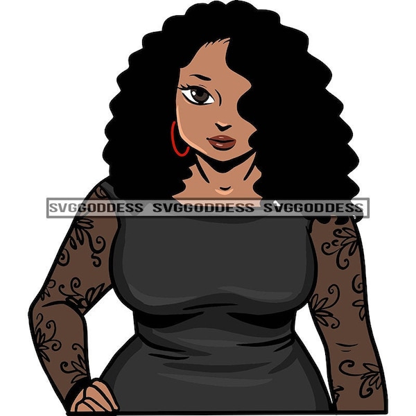 Afro Woman Beautiful Plus Size Curvy Breast Bodacious Formal Dress Afro Hairstyle SVG JPG PNG Eps Vector Clipart Cricut Silhouette Cutting