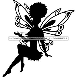 Afro Woman Silhouette Fee Schmetterling Flügel Engel Fliegende Fantasie Fantasie Schmetterlinge B/W SVG JPG PNG Designs Cricut Silhouette Cutting