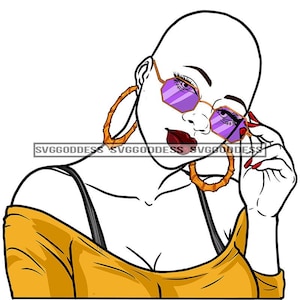 Afro Woman White Face Sunglasses Portrait Bamboo Hoop Earrings Nubian Lipstick Bald Hairstyle JPG PNG Designs Cricut Silhouette Cutting