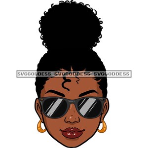 Afro Woman Face Sunglasses Portrait Bamboo Hoop Earrings Nubian Lipstick Puffy Up Do Hairstyle JPG PNG Designs Cricut Silhouette Cutting