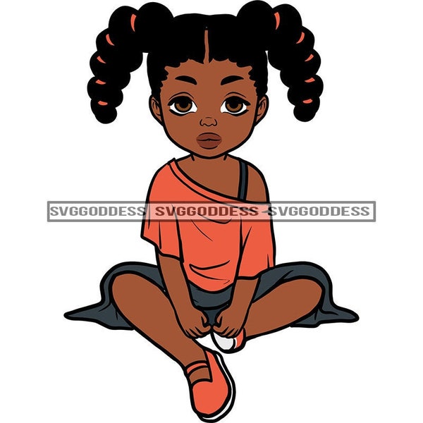 Afro Baby Girl Sitting Down Full Body Natural Hairstyle Female Black Girl Magic Pigtails JPG PNG Design Clipart Cricut Silhouette  Cutting