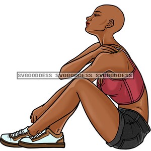 Afro Black Woman Sitting Bald Hairstyle African American Melanin Nubian Shoulder Massage JPG PNG Designs Cricut Silhouette Cut Cutting