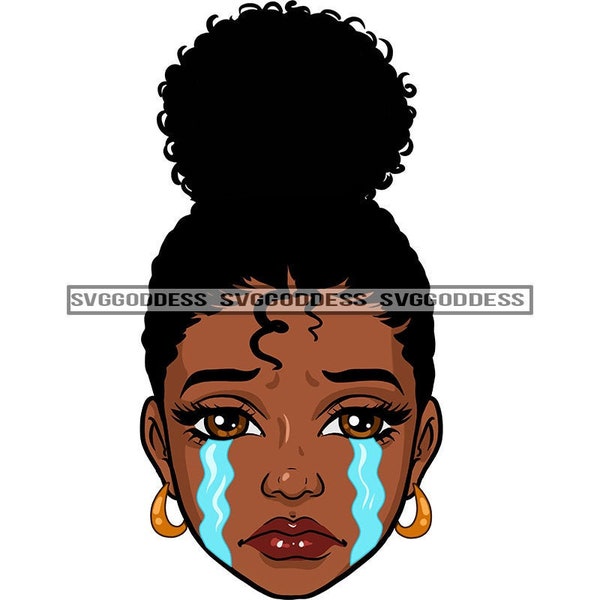 Afro Woman Face Sad Crying Blue Tears Hoop Earrings Nubian Lipstick Black Magic Up Do Hairstyle JPG PNG Designs Cricut Silhouette Cutting