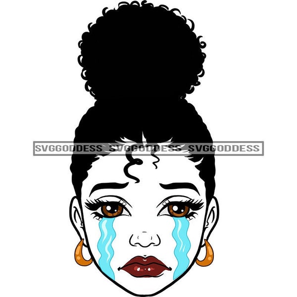 Afro Woman White Face Sad Crying Blue Tears Hoop Earrings Nubian Lipstick  Up Do Hairstyle JPG PNG Designs Cricut Cut Silhouette Cutting