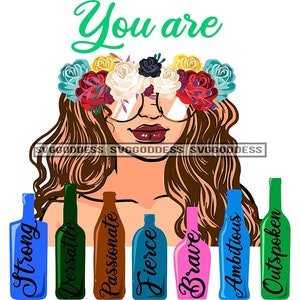Weiße Frau You Are Strong Life Zitate Rosen Flaschen Weiß Hintergrund Halb Gesicht Welle Haare B/W SVG JPG PNG Designs Cricut Silhouette Cutting