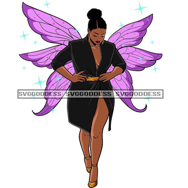 Afro Beautiful Thick Woman Purple Butterfly Wings Angel Fairy Elegant Black Dress Bun Hair SVG JPG PNG Designs Cricut Silhouette Cut Cutting