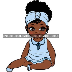 Afro Mignon Bébé Fille Assise Beaux Yeux Bleu Robe Bandeau Puffy Bun Cheveux B / W SVG JPG PNG Design Clipart Cricut Silhouette Coupe