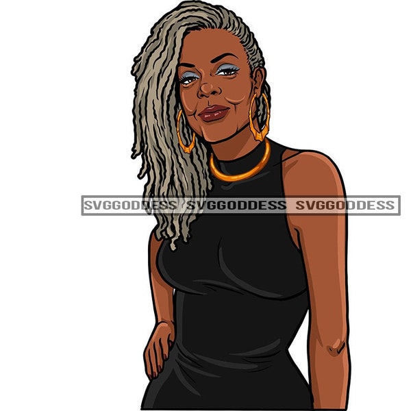 Afro Woman Mature Posing Portrait  Elegant Flirty Sexy Melanin Earrings Classy Grey Dreadlocks SVG JPG PNG Designs Cricut Silhouette Cutting