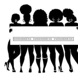 Afro Women Silhouettes Together Holding Banner Logo Sign Nubian Queens Melanin B/W SVG JPG PNG Designs Clipart Cricut Silhouette Cutting