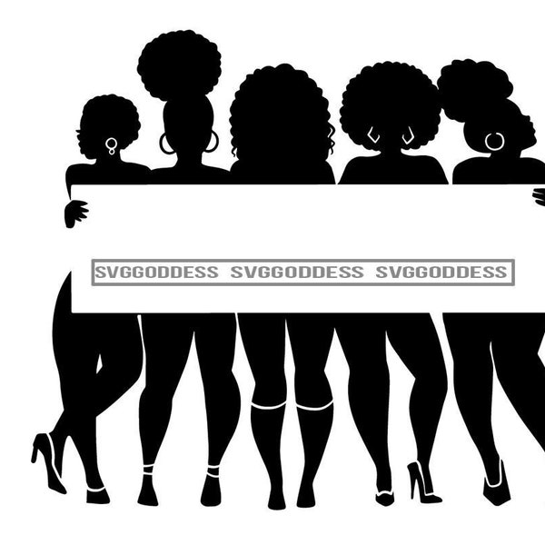 Afro Women Silhouettes Together Holding Banner Logo Sign Nubian Queens Melanin B/W SVG JPG PNG Designs Clipart Cricut Silhouette Cutting