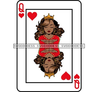 Queen Of Hearts Card Casino Poker Game Afro Woman Wearing Crown Gambling Wavy Hair  SVG JPG PNG Vector Clipart Cricut Silhouette Cutting