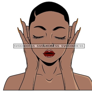 Afro Frau Massaging Gesicht Schließen Augen Meditieren Melanin Popping Schwarz Mädchen Kurze Frisur SVG PNG JPG Clipart Cricut Silhouette Cutting