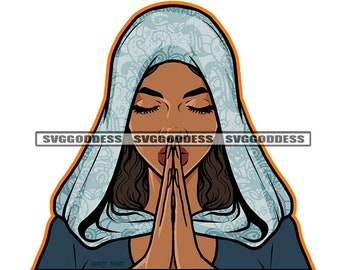 Afro Woman Praying God Lord Closing Eyes Wearing Veil Tunic Religious Beliefs Trust SVG JPG PNG Vector Clipart Cricut Silhouette Cut Cutting