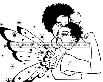 Afro Woman Flexing Strong Side View Butterfly Wings Headband Bow Puffy Bun Hair B/W SVG JPG PNG Vector Clipart Cricut Silhouette Cut Cutting