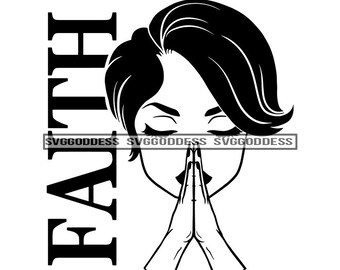Caucasian Pretty Woman Praying God Bob Hairstyle Portrait Face Prayers Hands Faith SVG JPG PNG Vector Clipart Cricut Silhouette Cut Cutting