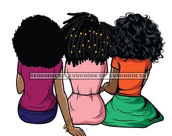 Three Women Friends  Sitting Together Looking Forward Back View Afro Dreadlock Hair Style SVG EPS JPG Png Clipart Cricut Silhouette Cutting