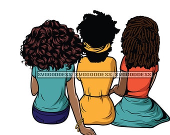 Three Women Friends Sitting Together Friendship  Back View Afro Dreadlocks Grey Hair Style SVG EPS JPG Png Clipart Cricut Silhouette Cutting