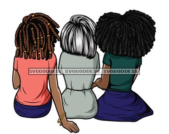 Three Women Friends Sitting Together Friendship  Back View Afro Dreadlocks Grey Hair Style SVG EPS JPG Png Clipart Cricut Silhouette Cutting