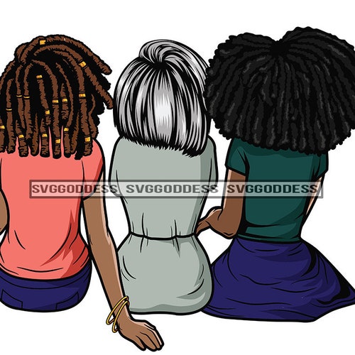 Three Women Friends Sitting Together Friendship Back View Afro - Etsy