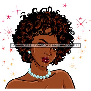 Mujer Afro Hermosa Elegante Elegante Con Clase Perlas Afroamericanas Negro Reina Rojo Peinado Corto JPG PNG Diseños Cricut Silhouette Corte Corte