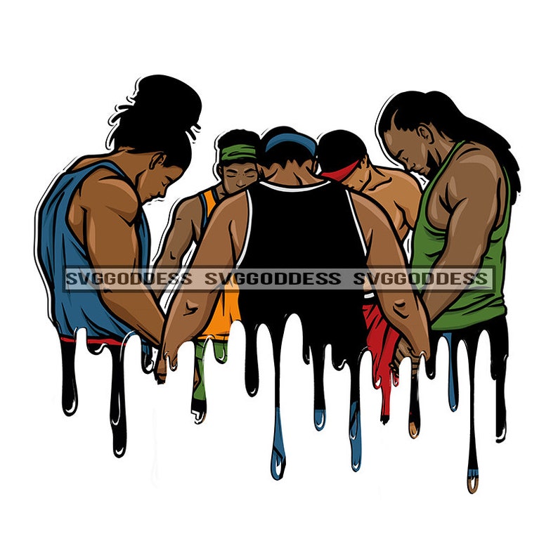 May include: Five men in tank tops stand in a circle with their arms around each other. The men are of different races and have different colored tank tops. The image is in a dripping paint style.